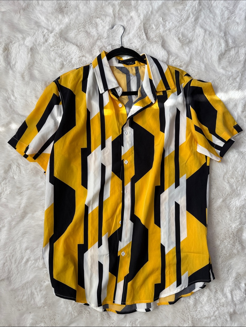 SHEIN Yellow Black White Geometric Short Sleeve Button-Down Shirt